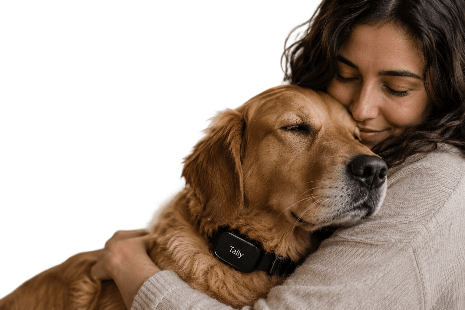 A person hugging their golden retriever with a Taily collar